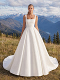 Square Neck Wide Strap Satin Ball Gown Chapel Train Mountain Wedding Dress front view