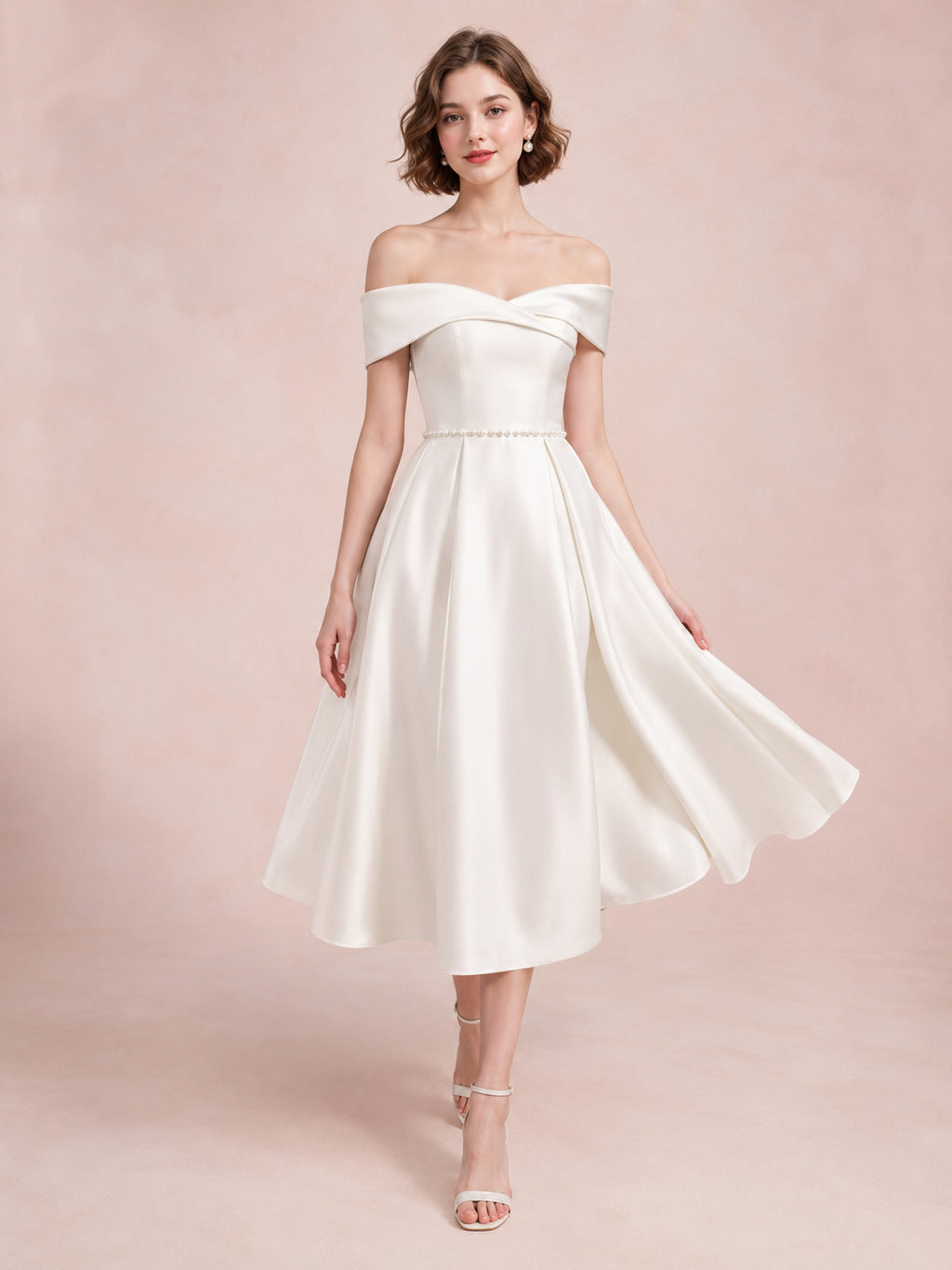 Pearl White Off Shoulder Satin Tea Length Coming Of Age Dress front view