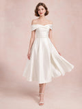 Pearl White Off Shoulder Satin Tea Length Coming Of Age Dress front view
