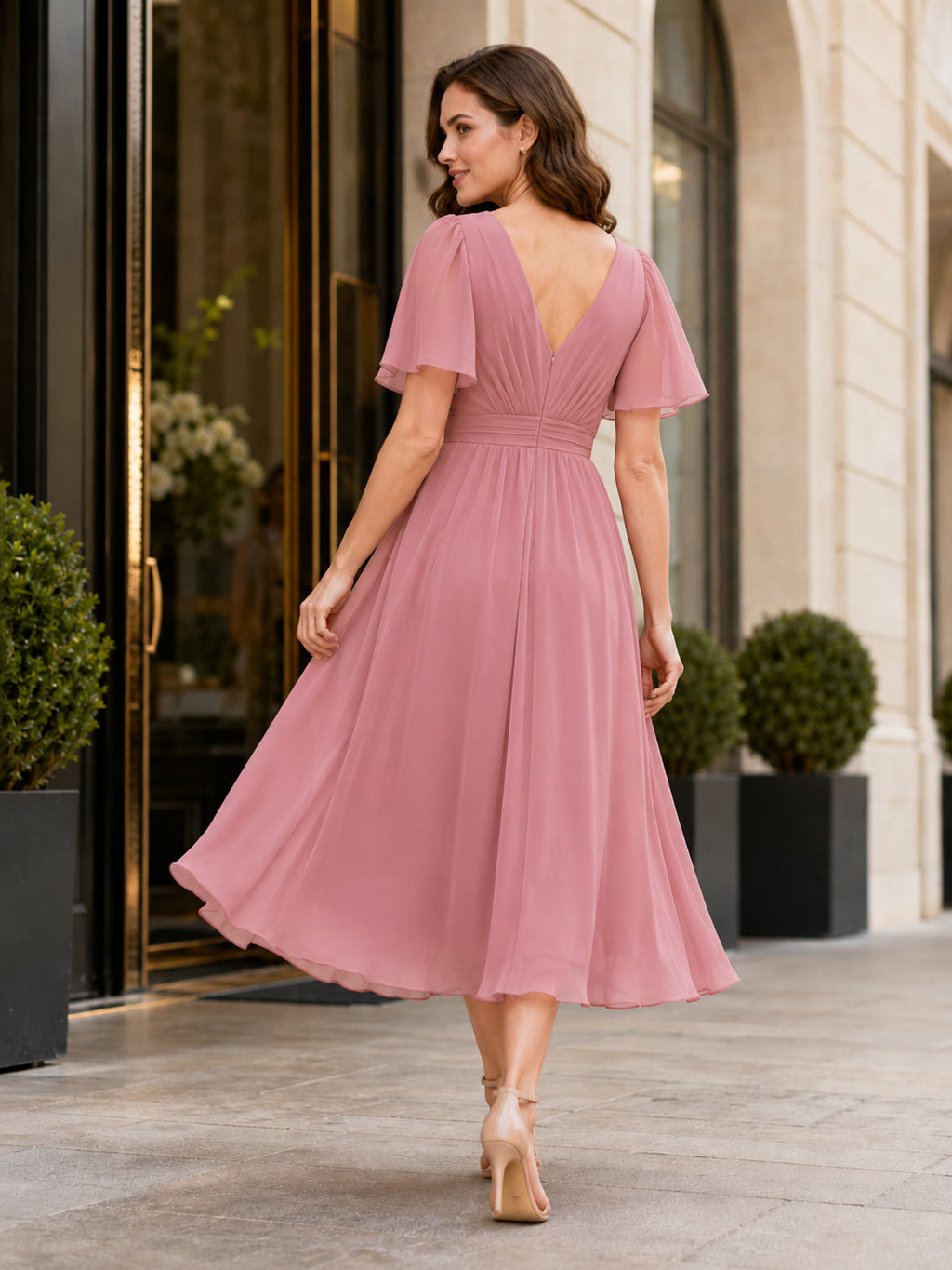 Modern City Dusty Rose V-Neck Chiffon A-Line Tea-Length Flutter Sleeve Dress back view
