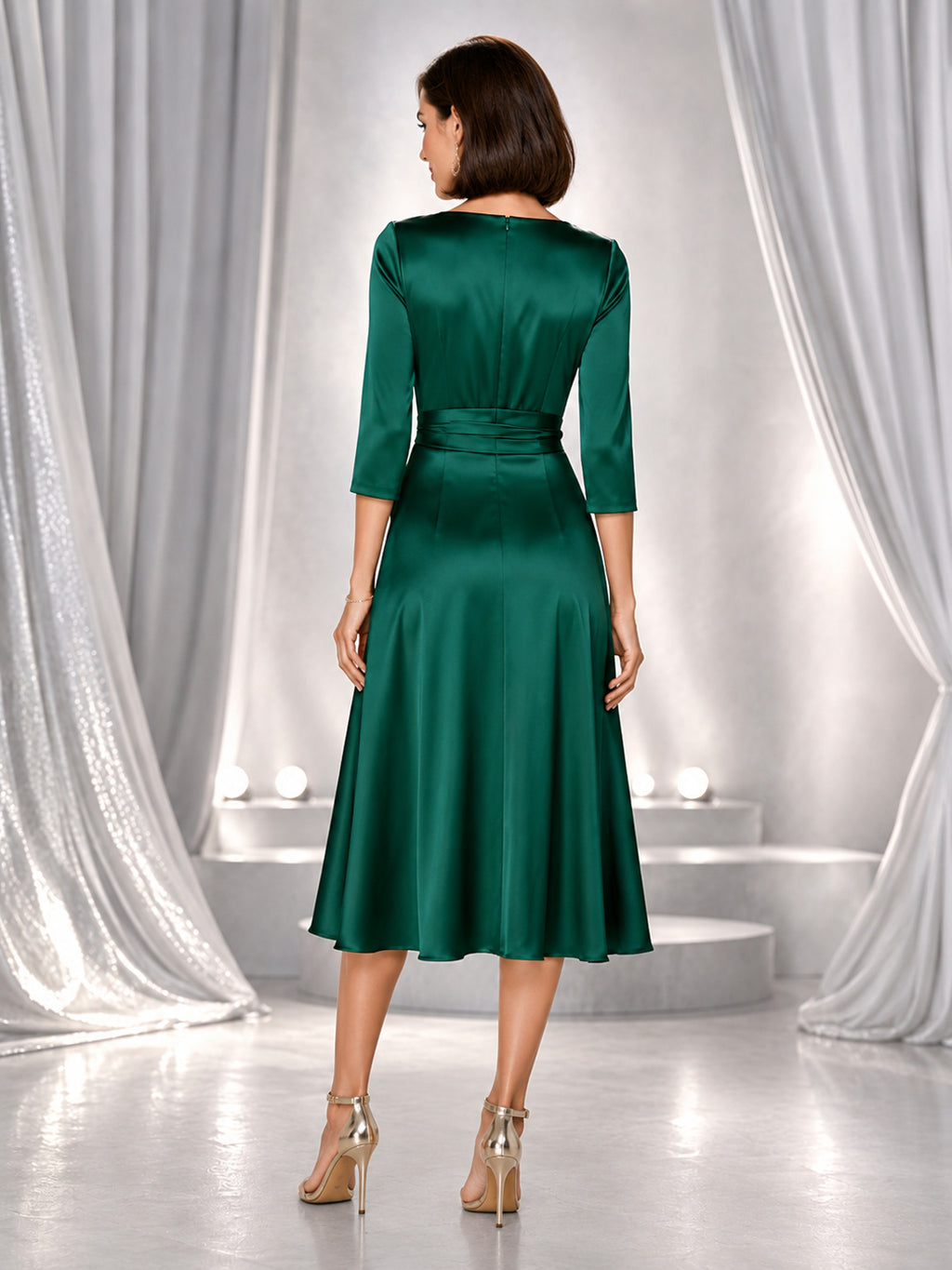 Emerald satin V-neck wrap three quarter sleeve midi dress back view