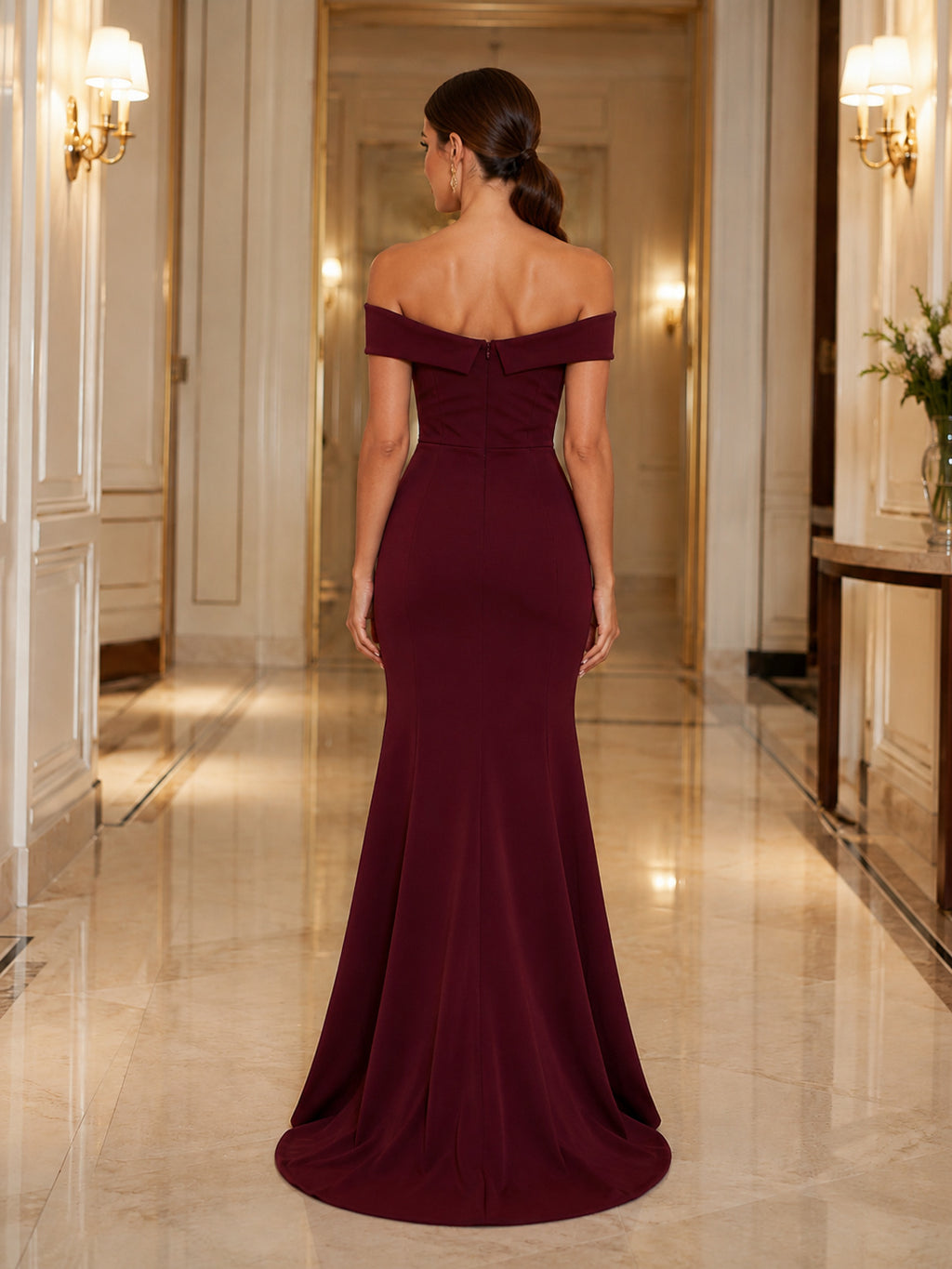 Burgundy Crepe Off-the-shoulder Mermaid Evening Dress back view