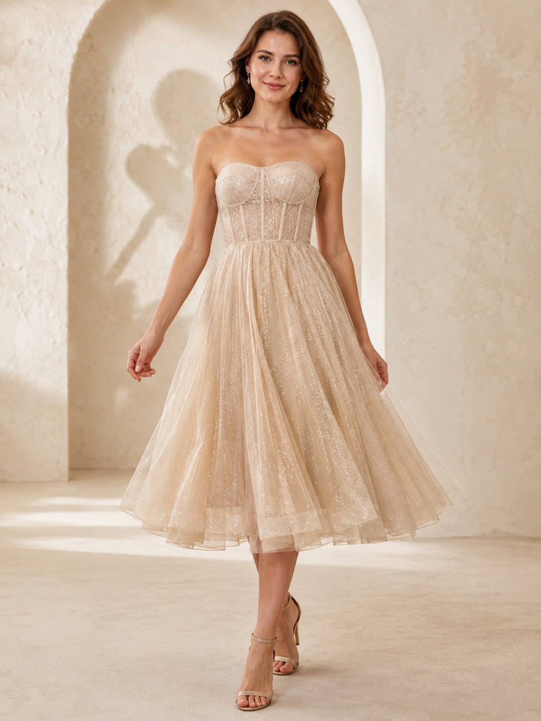 Champagne strapless corset tulle tea length vintage party dress front view
