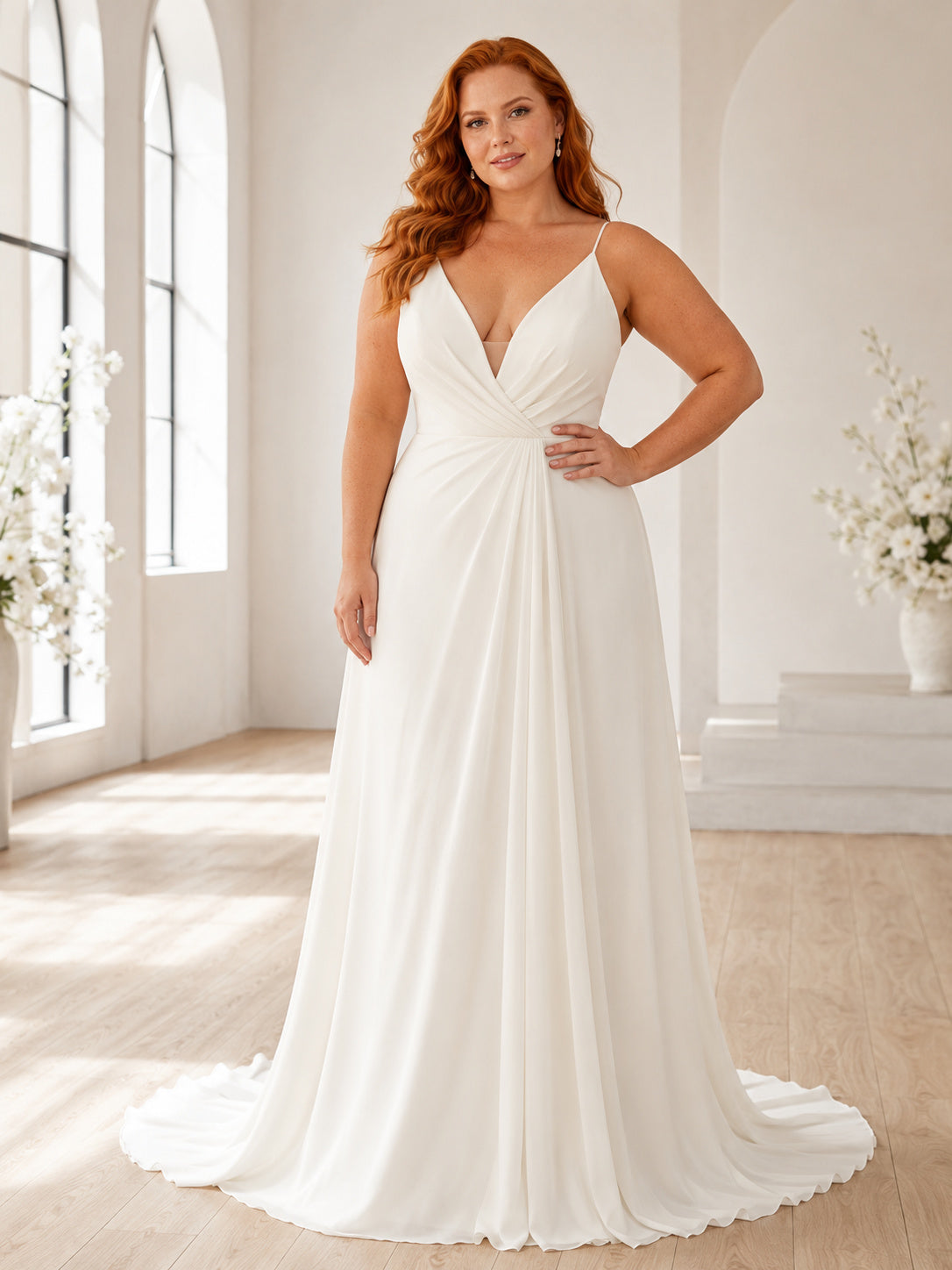 Simple Plus Size Deep V-Neck Spaghetti Strap Chiffon Sheath Open Back Wedding Gown front view