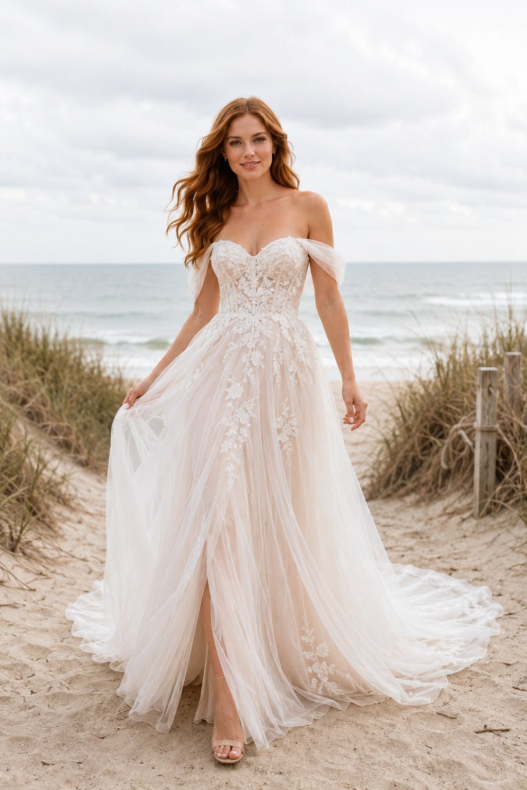 Ivory Off-the-Shoulder Tulle A-Line Wedding Dress with Lace Bodice and Beach Train front view