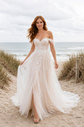 Ivory Off-the-Shoulder Tulle A-Line Wedding Dress with Lace Bodice and Beach Train front view