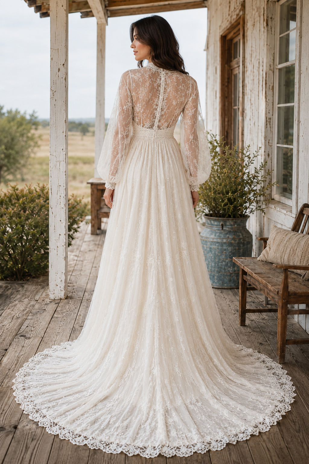 Ivory High Neck Long Sleeve Lace A-Line Wedding Dress with Chiffon Skirt and Sweep Train back view