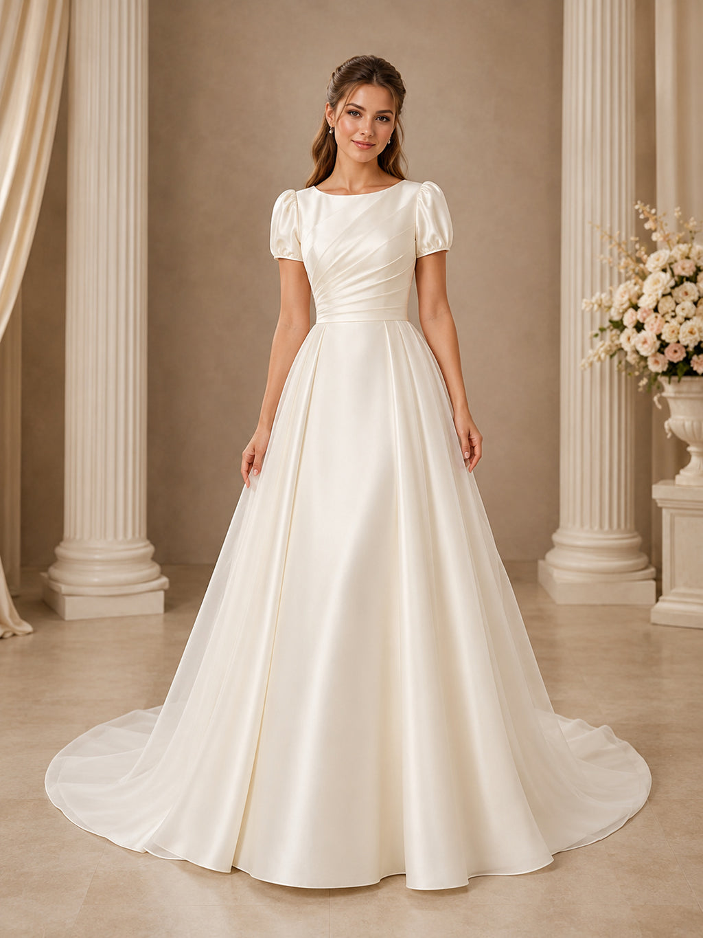 Bateau Short Sleeve Satin A Line Chapel Bridal Gown front view