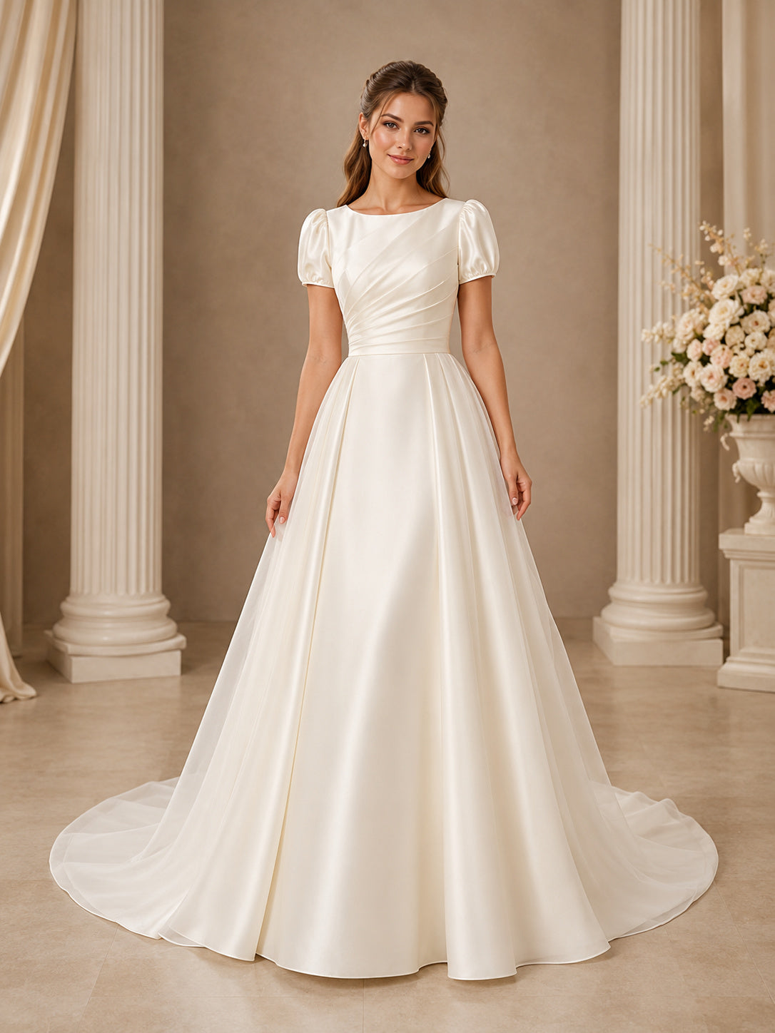 Bateau Short Sleeve Satin A Line Chapel Bridal Gown front view