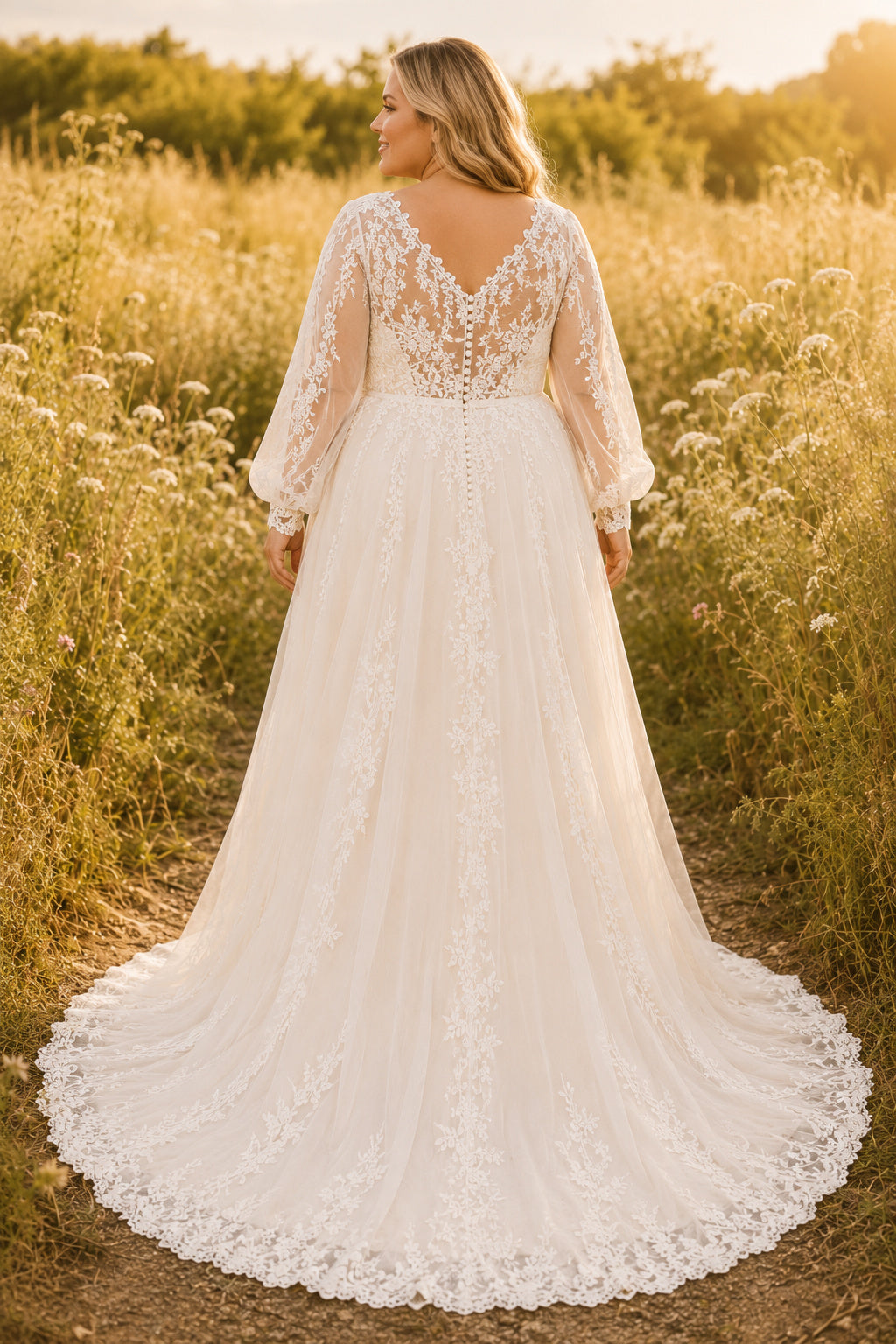 Plus Size Ivory V-Neck Bishop Sleeve Lace Tulle A-Line Wedding Dress with Lace Bishop Sleeves and Chapel Train back view