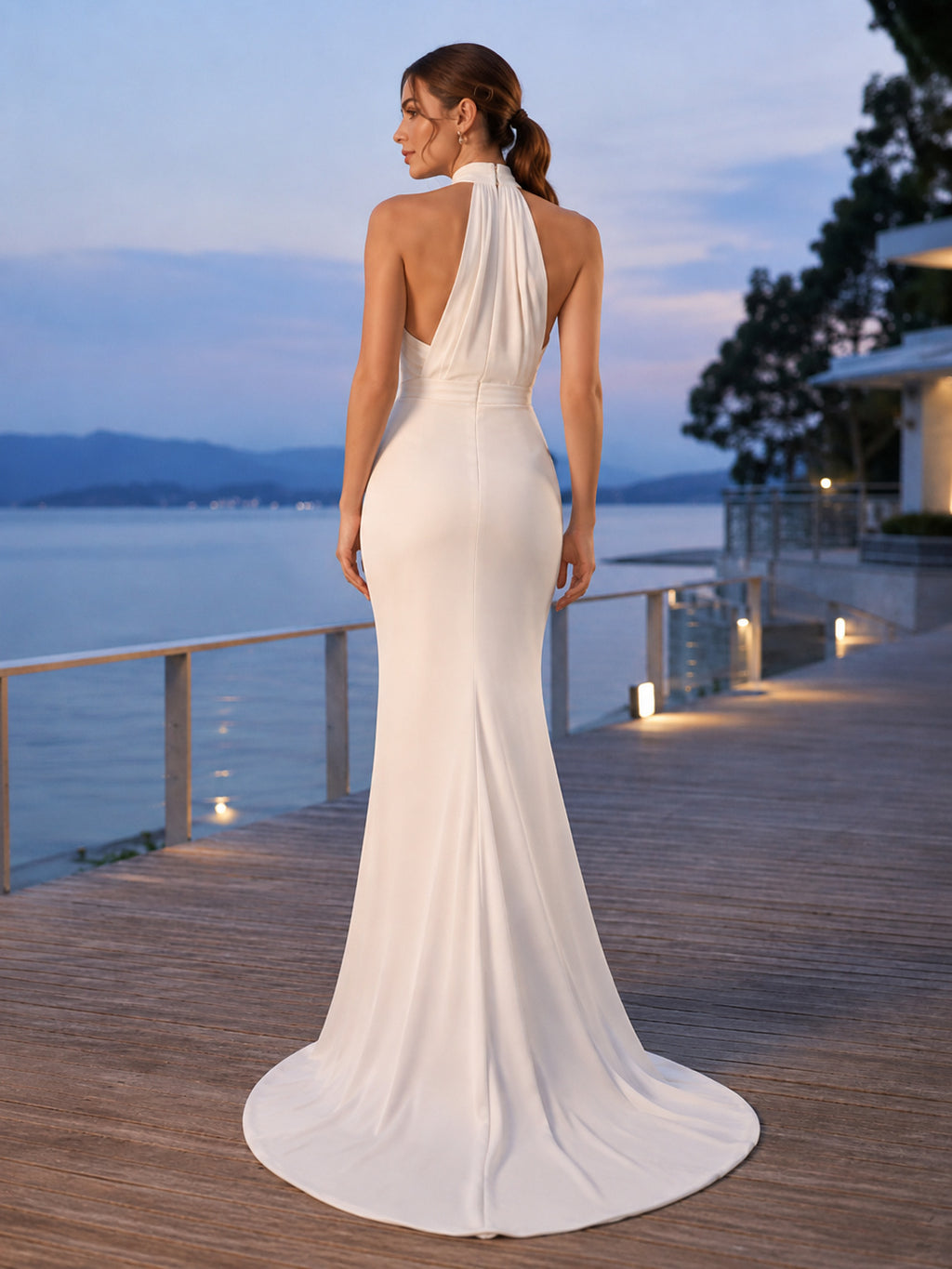 Beach Chiffon Wedding Dress Sheath Halter Sleeveless Floor Length with Slit Bridal Gown back view