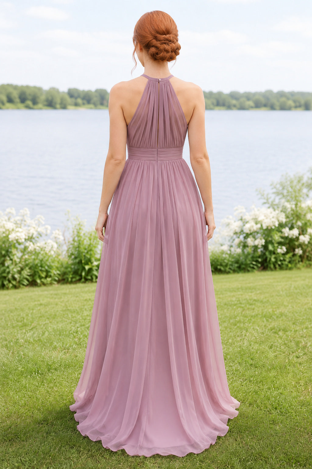 Mauve Halter Chiffon A-Line Bridesmaid Dress with Pleated Bodice back view