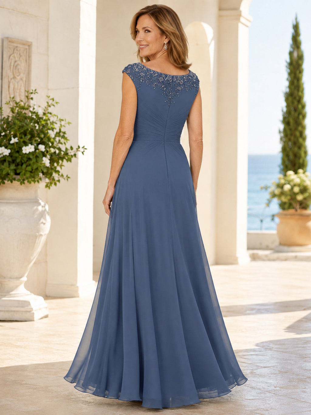 Steel Blue Elegant Floor-Length A-Line Mother of the Bride Chiffon Gown with Beaded Bateau Neck Cap Sleeves and Pleated Waist
