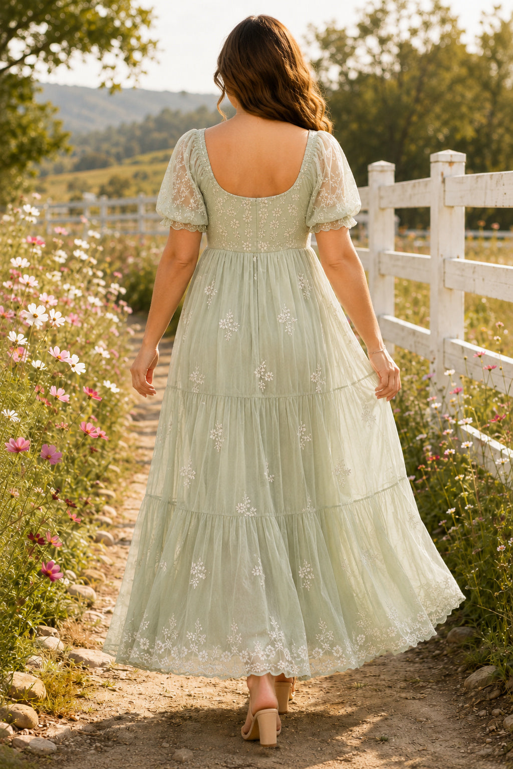 Sage Green Tea Length A-Line Guest Dress with Puff Sleeves and Floral Embroidery back view