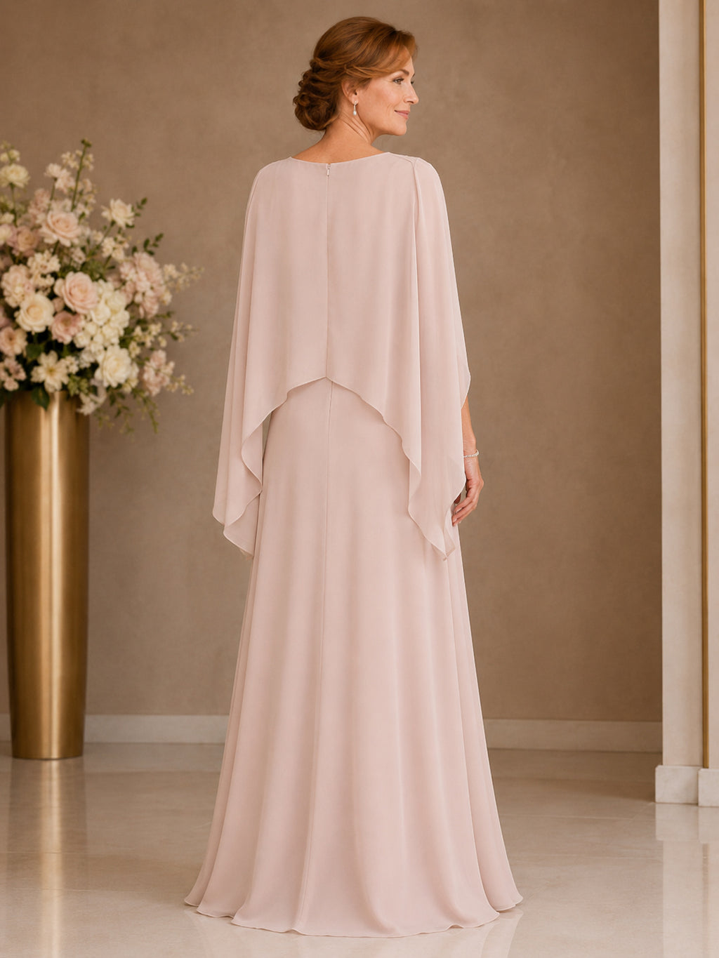 Blush Modern High-Neck Chiffon A-Line Floor-Length Mother of the Bride Gown with Asymmetric Cape and Keyhole Detail back view