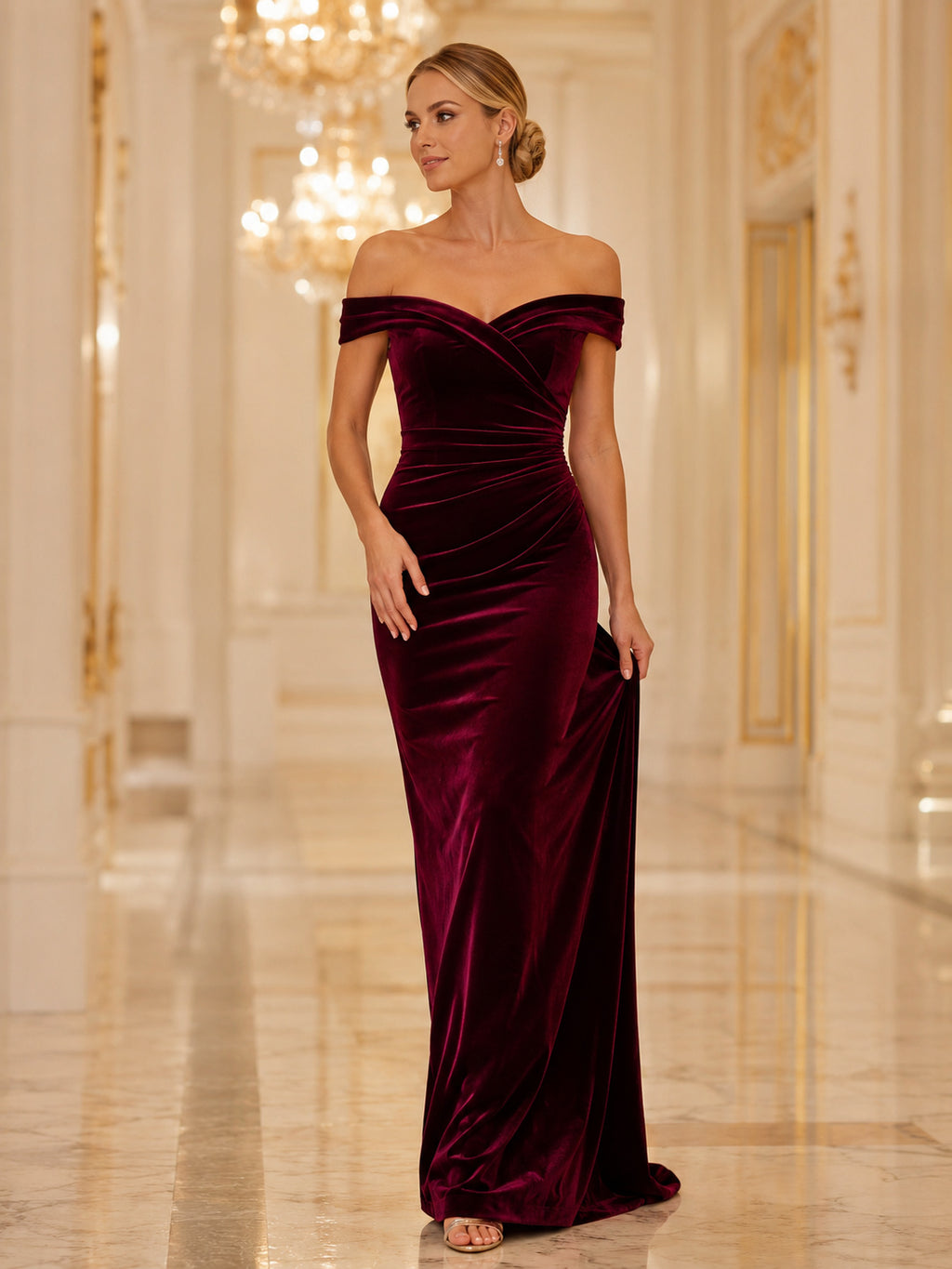 Burgundy Velvet Off-the-shoulder Formal Guest Dress front view