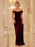 Burgundy Velvet Off-the-shoulder Formal Guest Dress front view