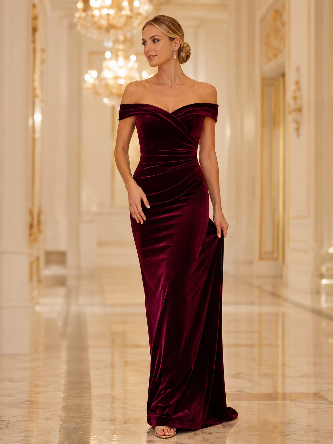 Burgundy Velvet Off-the-shoulder Formal Guest Dress front view