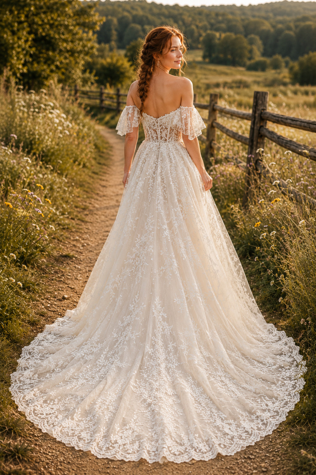Off the Shoulder A-Line Wedding Dress with Lace Appliques and Scalloped Chapel Train back view