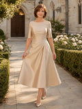 Champagne bateau neck satin tea length A line mother dress front view