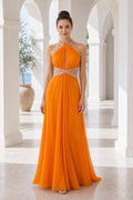 Orange Halter A-Line Chiffon Floor-Length Dress With Beaded Waist