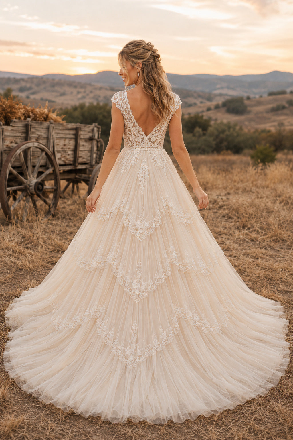 Ivory V-Neck Lace A-Line Wedding Dress with Tiered Tulle Skirt and Romantic Train back view