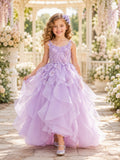 Princess Floor-Length Ball Gown Garden Flower Girl Lavender Tulle Floral Ruffle Spaghetti Dress front view