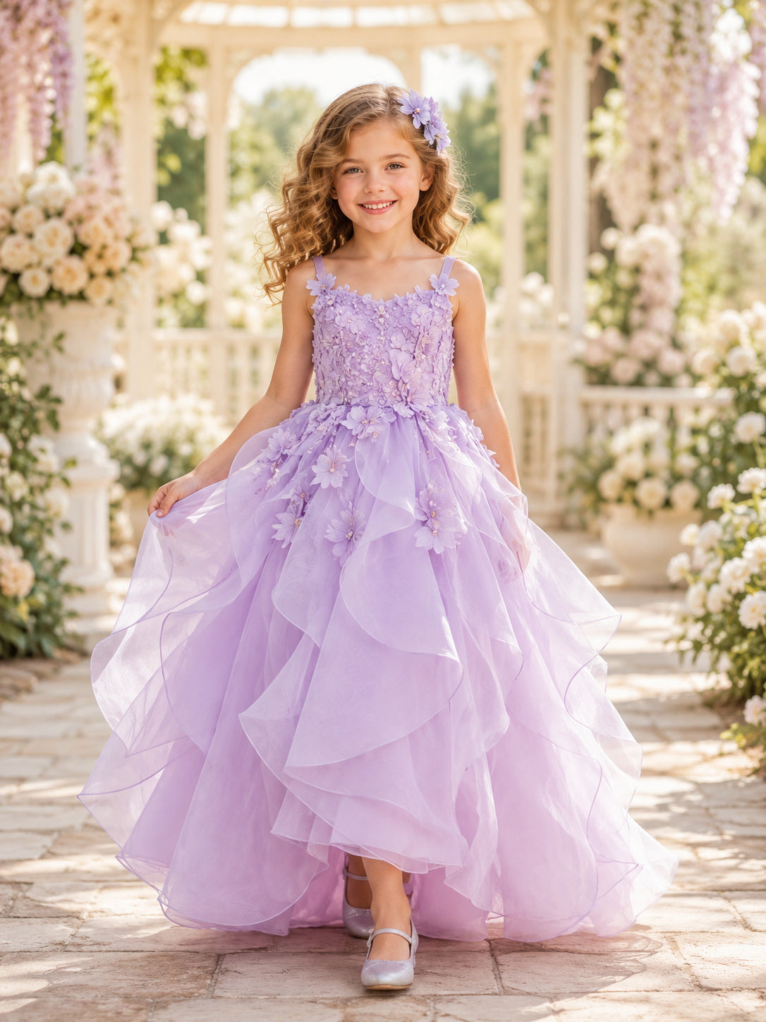 Princess Floor-Length Ball Gown Garden Flower Girl Lavender Tulle Floral Ruffle Spaghetti Dress front view
