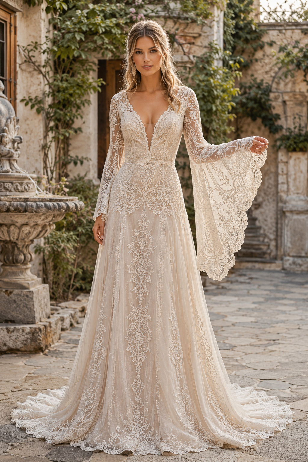 Ivory Long Bell Sleeve V-Neck Lace A-Line Wedding Dress Chapel Train for Wedding Ceremony and Reception front view