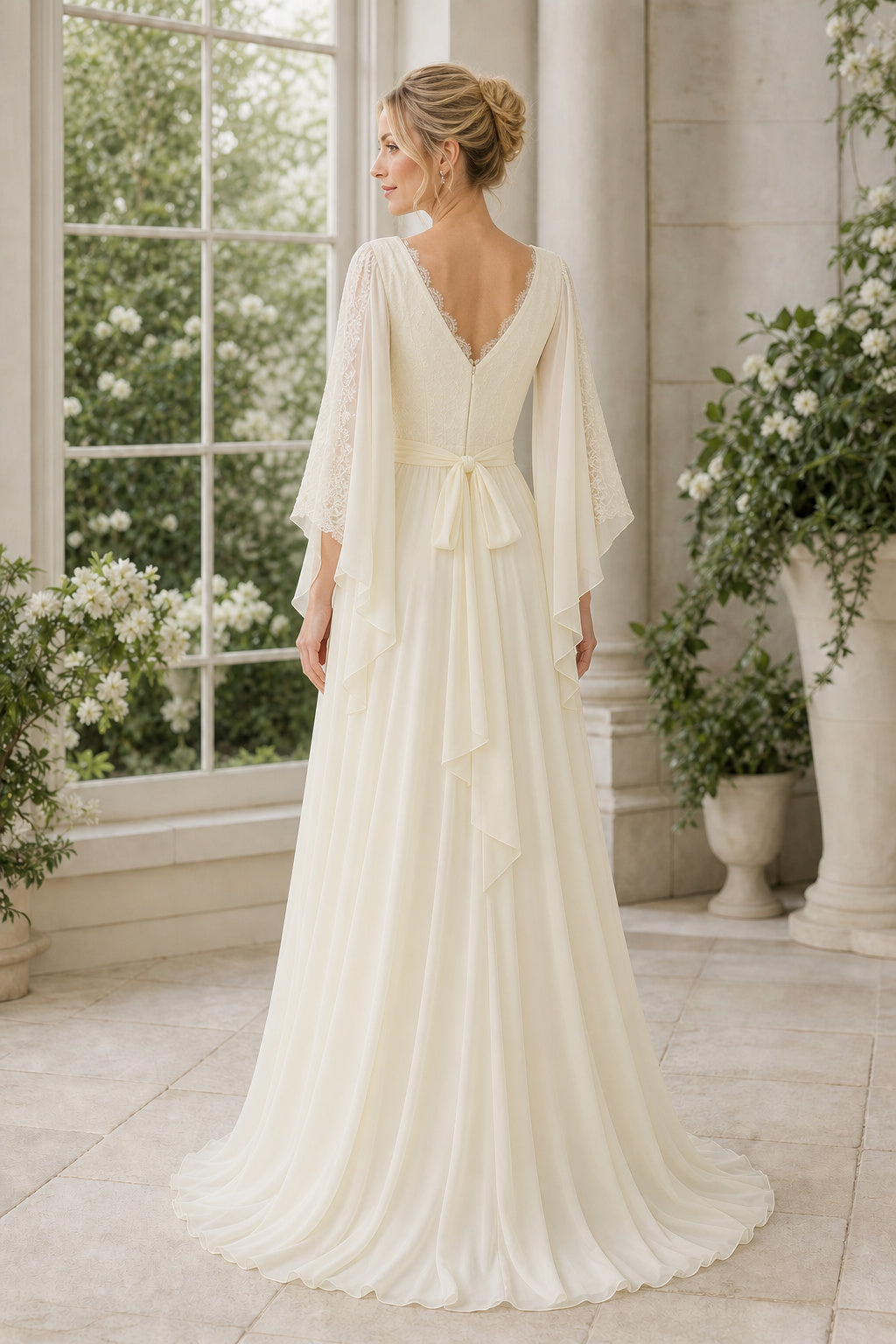White Bateau Short Sleeves Mermaid Crepe, Lace Floor-length Wedding Dress With Lace and Beaded Waist and Open Back