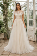 Bateau Cap Sleeve A-Line Wedding Dress with Illusion Lace Bodice and Tulle Train front view