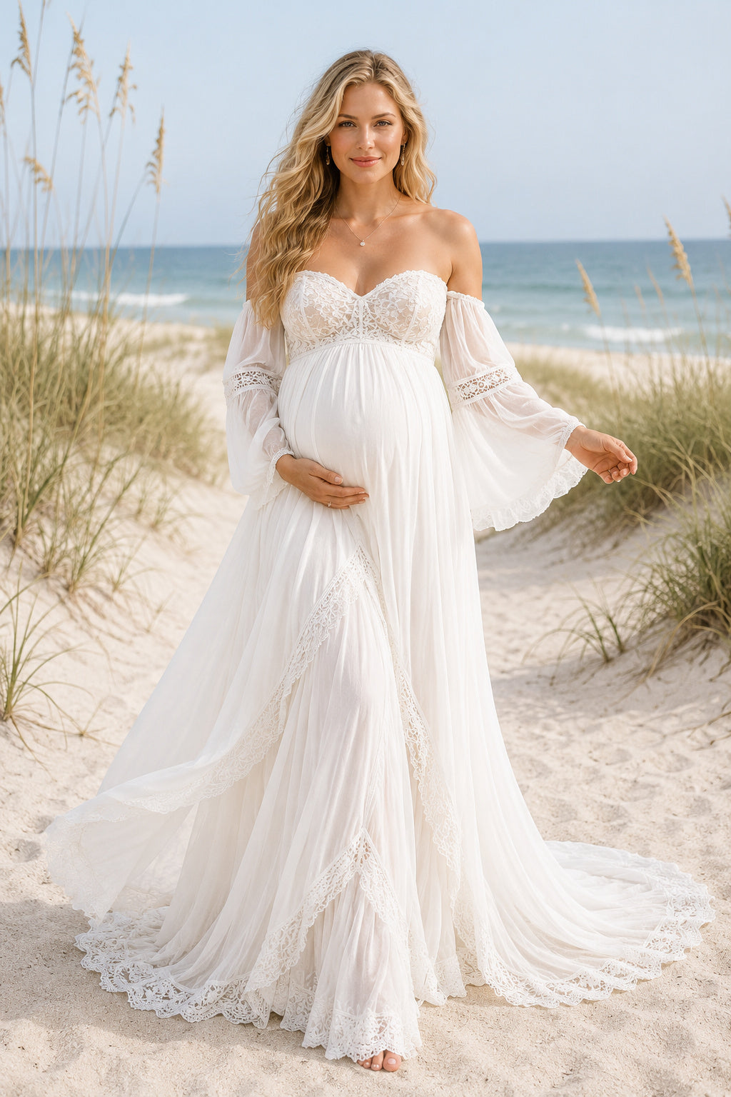 Ivory Off-the-Shoulder Bell Sleeve Maternity Wedding Dress with Lace Train front view