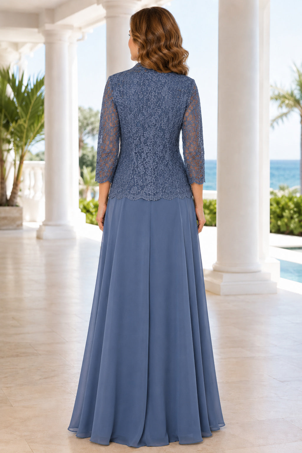 Steel Blue Chiffon A-Line Mother Dress with Lace Jacket and V-Neck Bodice back view