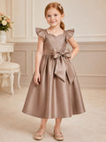 Flower Girl Dress Taupe Satin A-Line Short Sleeve Jewel Neck Tea Length Bow Back front view