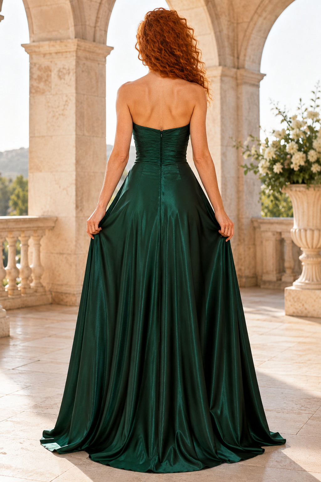 Dark Green Strapless Satin Ball Gown Formal Dress with Full Skirt back view