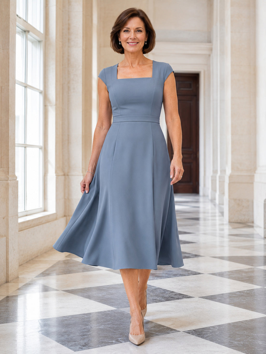 Dusty blue square neck cap sleeve A line midi mother dress front view