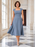 Dusty blue square neck cap sleeve A line midi mother dress front view