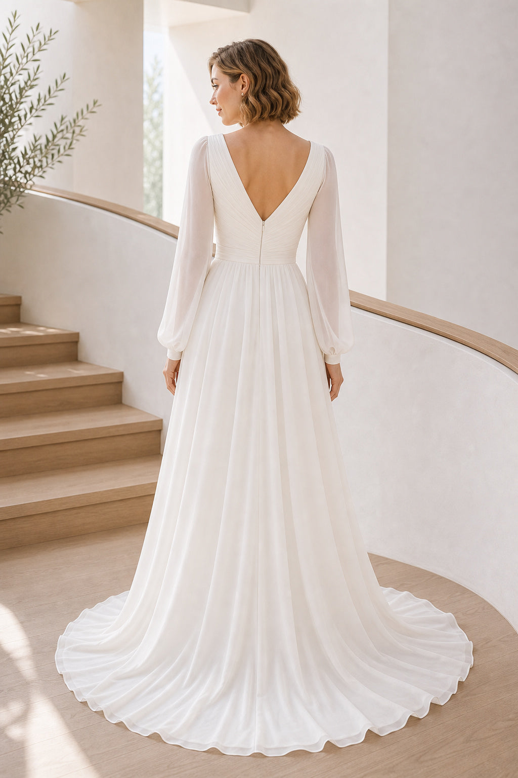 White Off-the-shoulder Long Sleeves A-Line Crepe Floor-length Wedding Dress With Lace Bodice and Sweep Train Lace Hem Detail