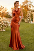 Fall Bridesmaid Evening Dress Rust Satin Halter Cowl Sheath Floor Length front view