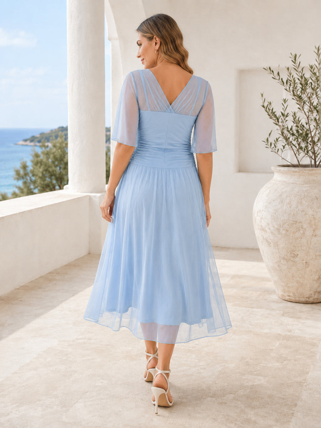 Sky Blue Maternity V-Neck Bell Sleeve Tulle Empire A-Line Midi Dress back view