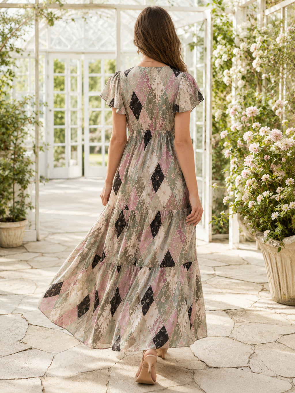 Soft Harlequin V-Neck Flutter Sleeve A-Line Maxi Guest Dress back view