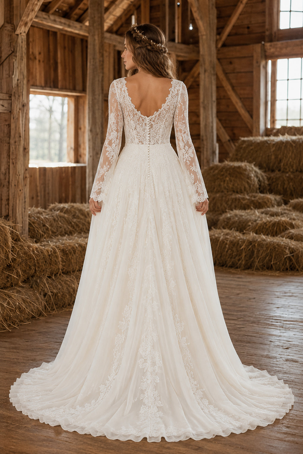 Ivory V-Neck Long Sleeve Lace A-Line Wedding Dress with Full Skirt and Train back view