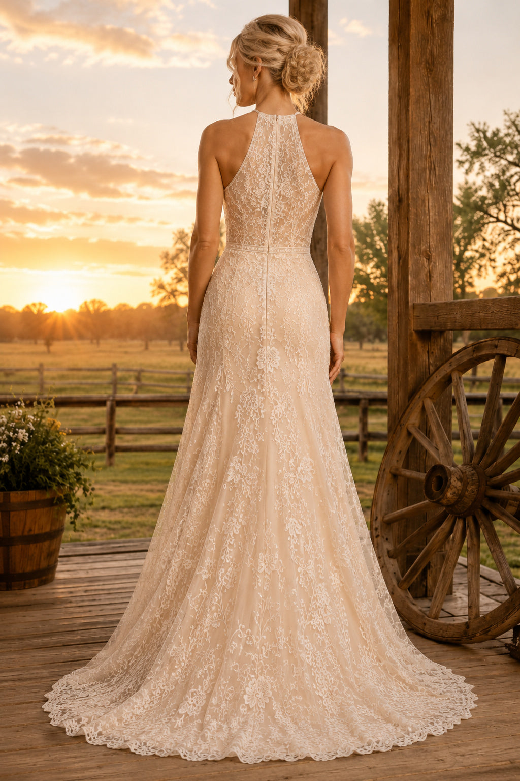 Champagne Halter Mermaid Wedding Dress with High Neck Lace Overlay and Sweep Train back view