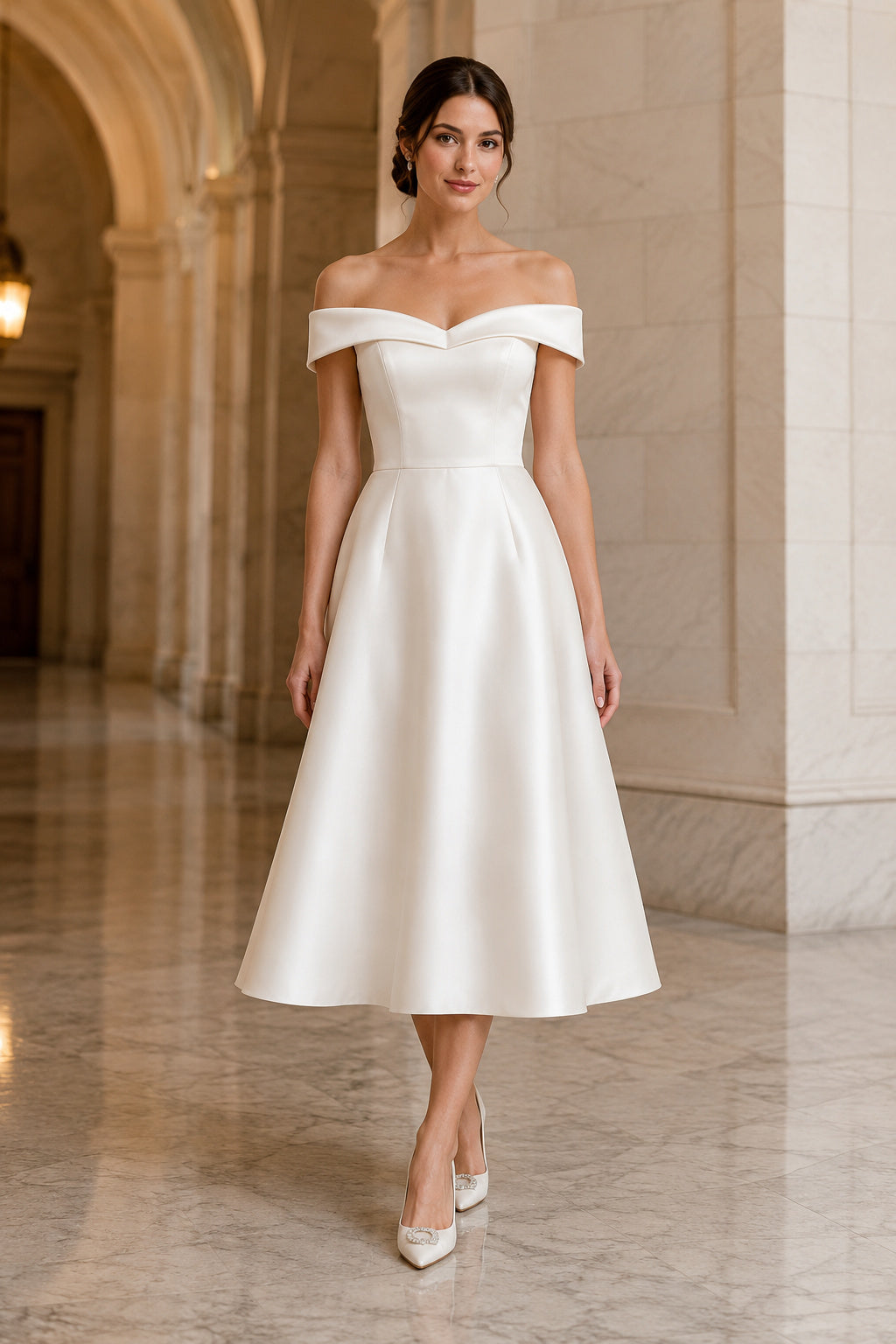 Off-the-Shoulder Satin Tea-Length Wedding Dress with Full Skirt front view
