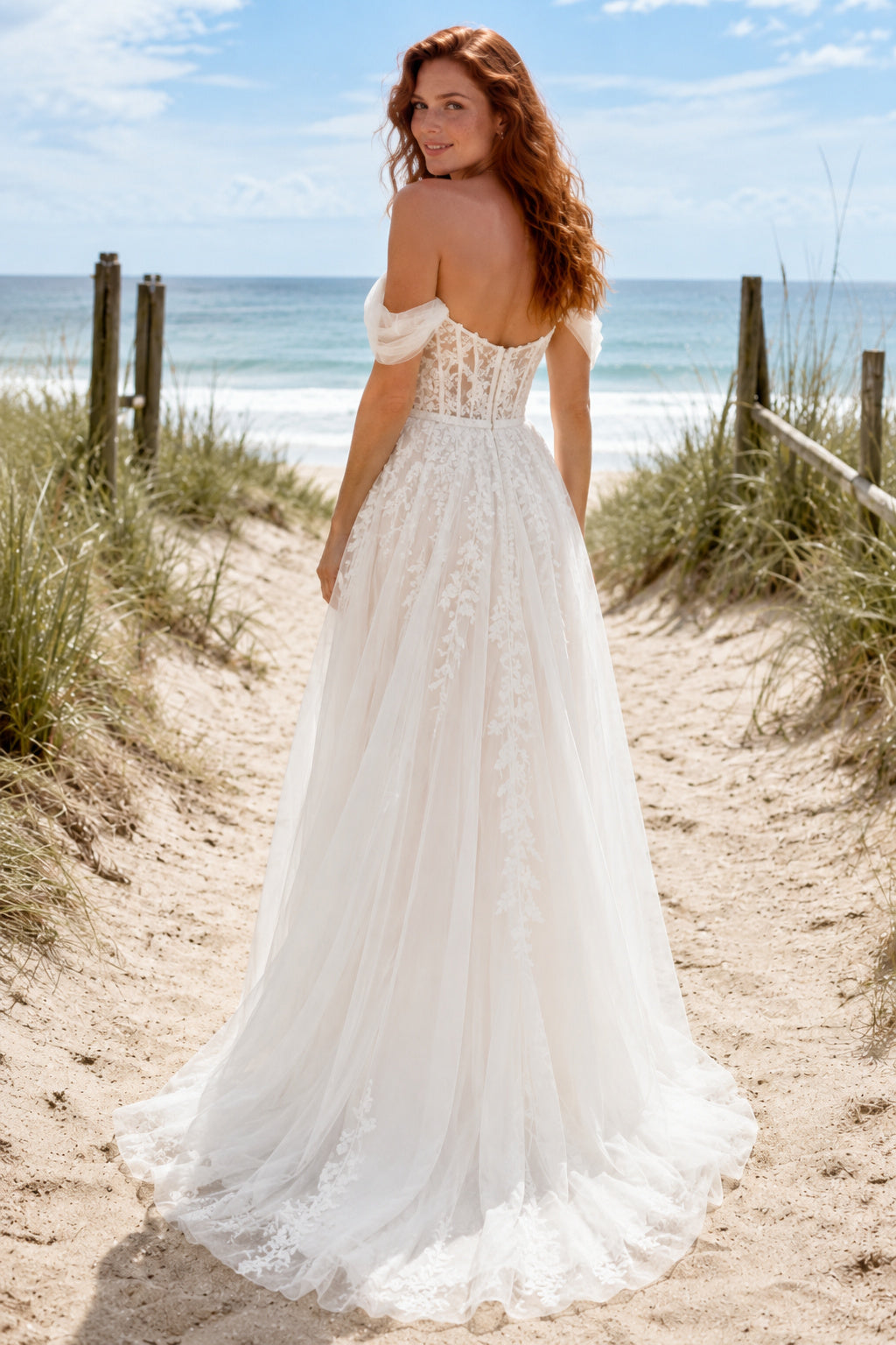 Ivory Off Shoulder Sweetheart Lace Tulle A-Line Wedding Dress Split for Bridal Ceremony and Reception back view