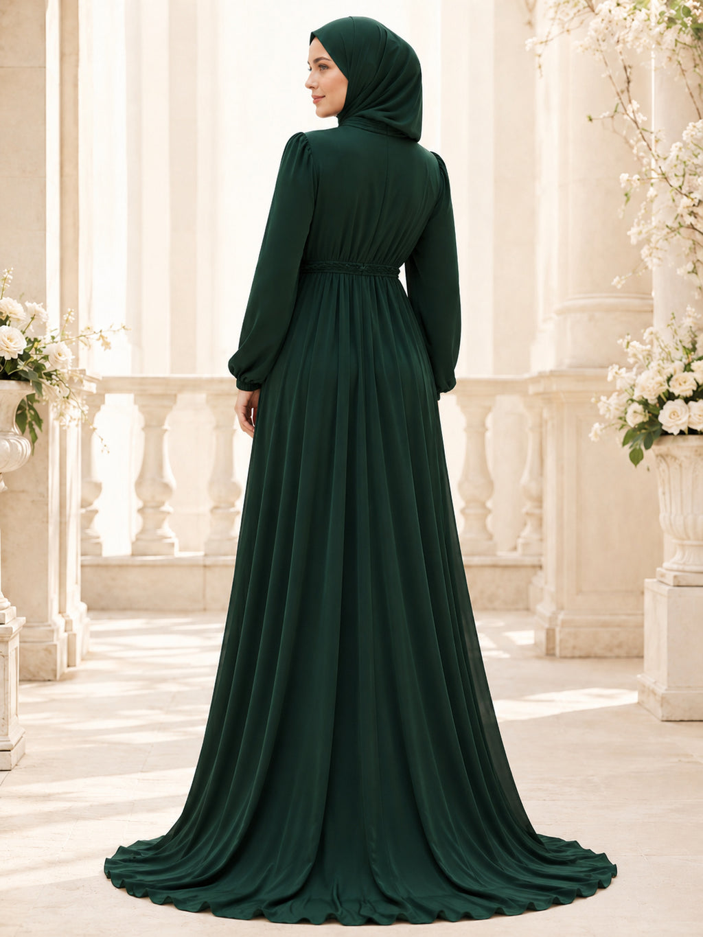 Dark Green Hijab Friendly Maternity High Neck Poet Sleeve Jersey Empire Gown back view