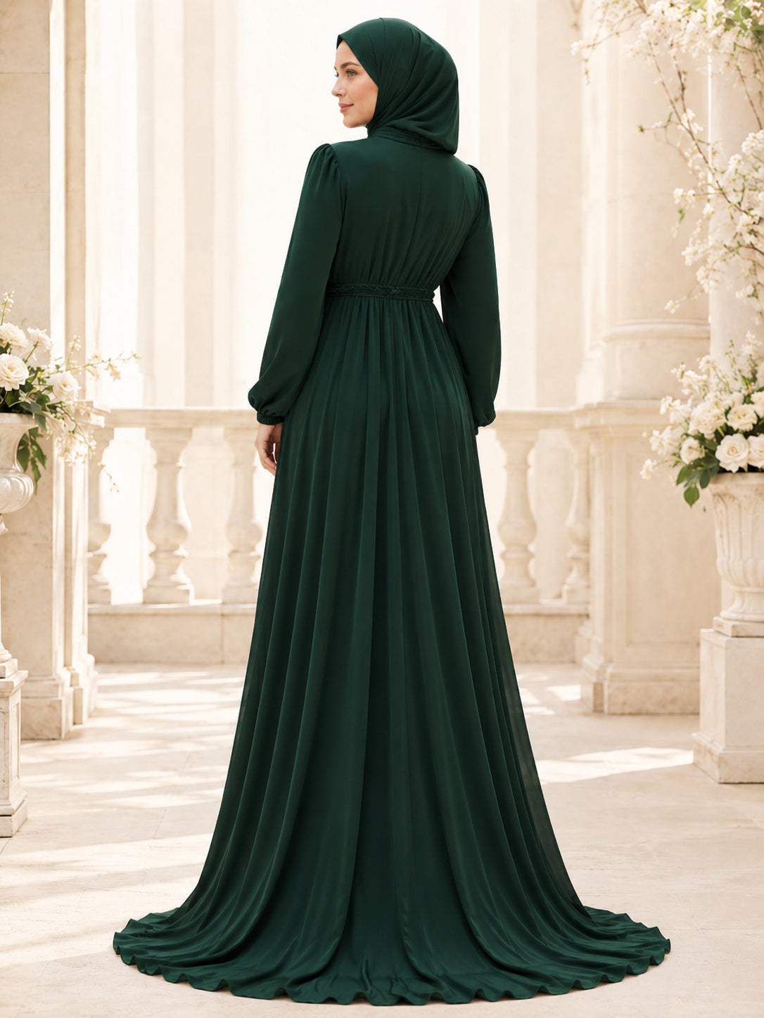 Dark Green Hijab Friendly Maternity High Neck Poet Sleeve Jersey Empire Gown back view