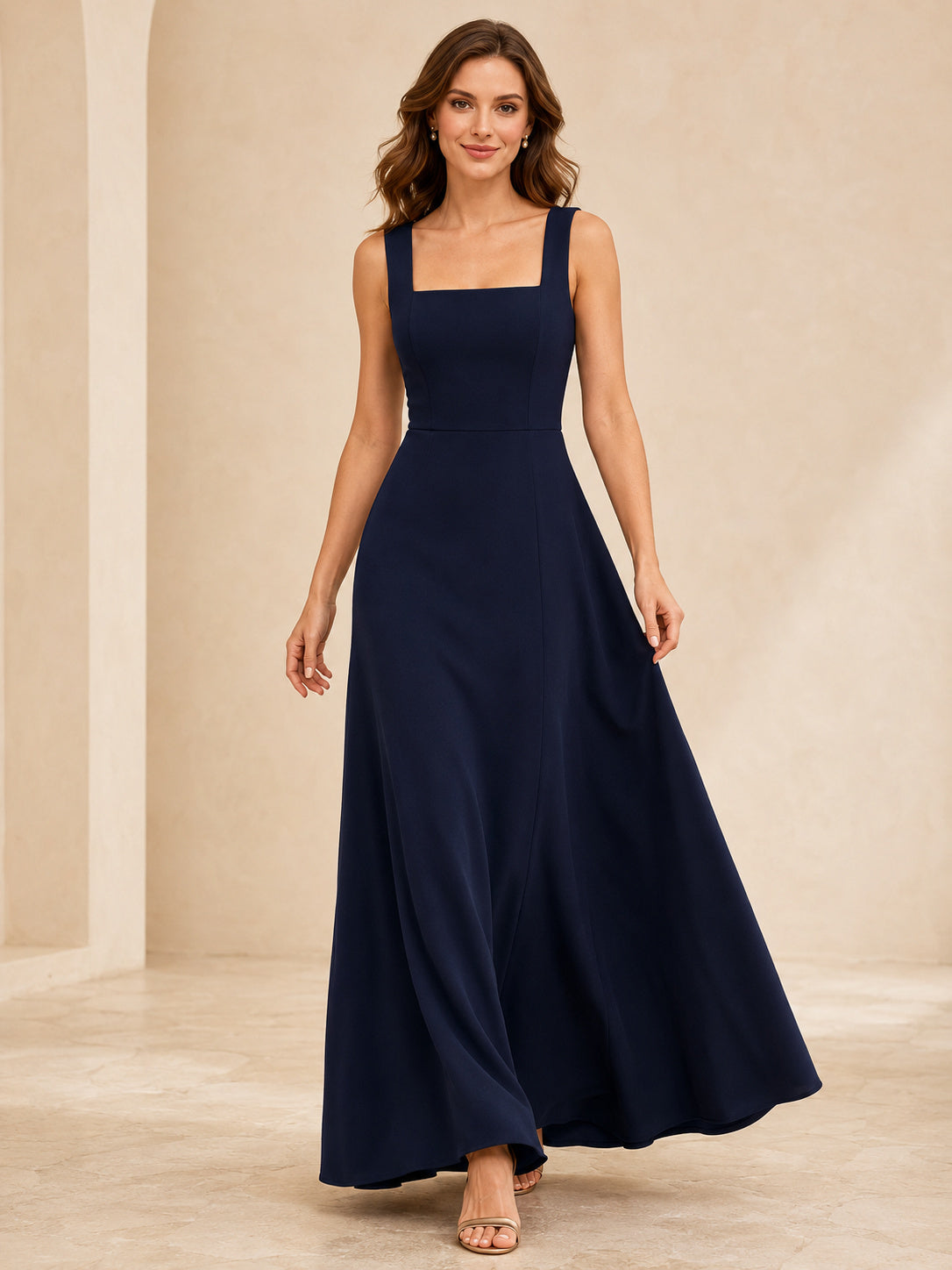 Navy Crepe Square Neck Strap A Line Floor Formal Gown front view