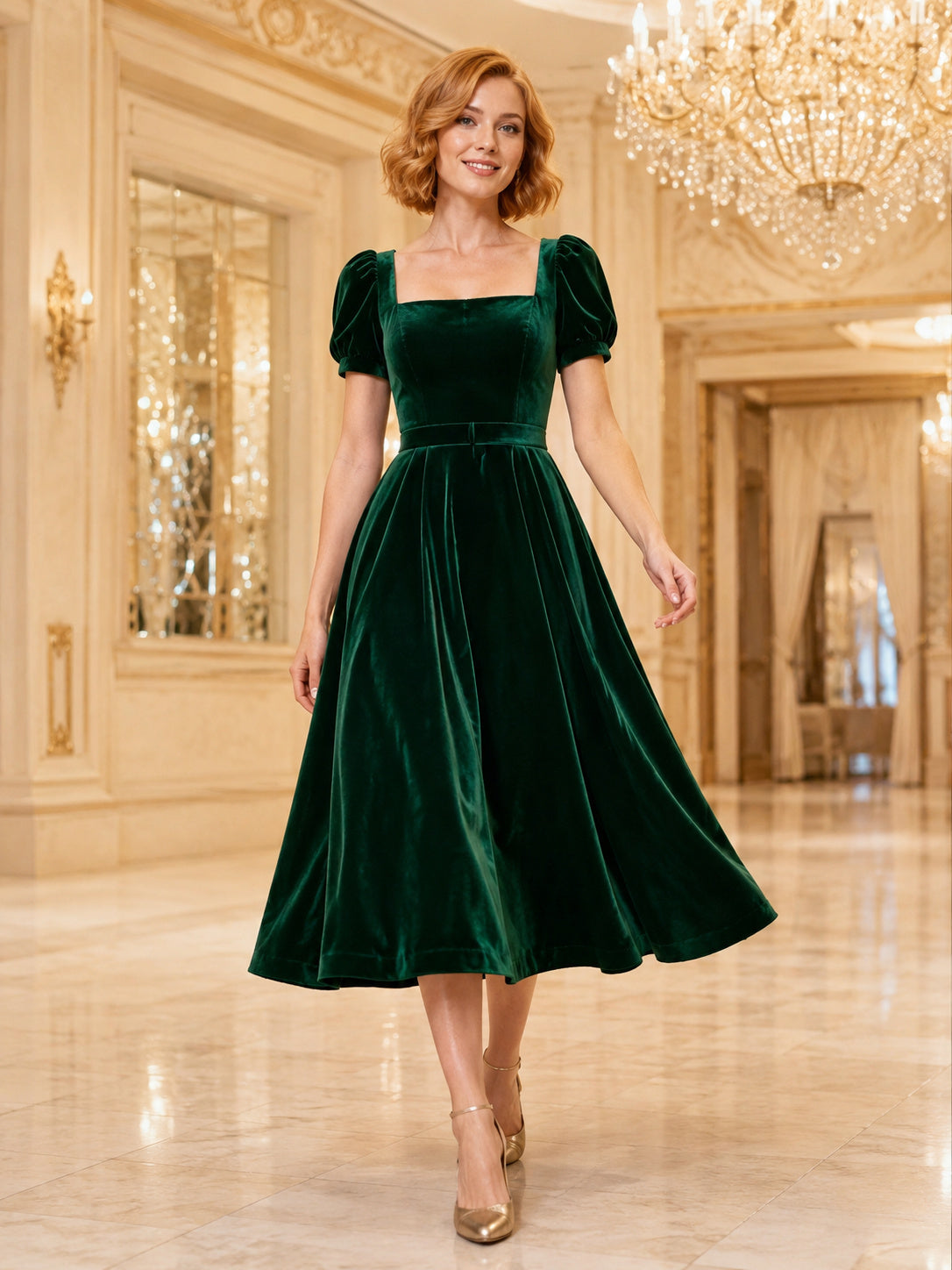 Emerald velvet square neck puff sleeve theater midi dress front view