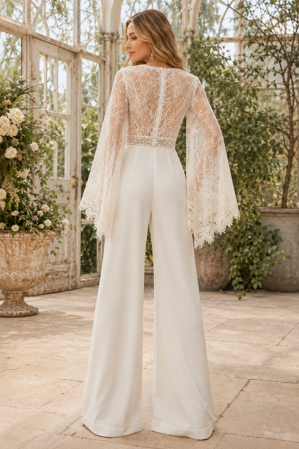 Ivory Bell Sleeve Lace Bridal Jumpsuit with V-Neck and Wide Pants back view